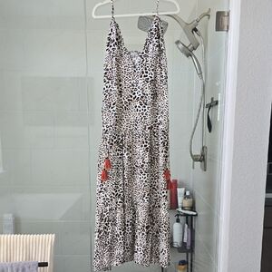 By Together White and Black Leopard Print Maxi Dress with Coral Tassels
